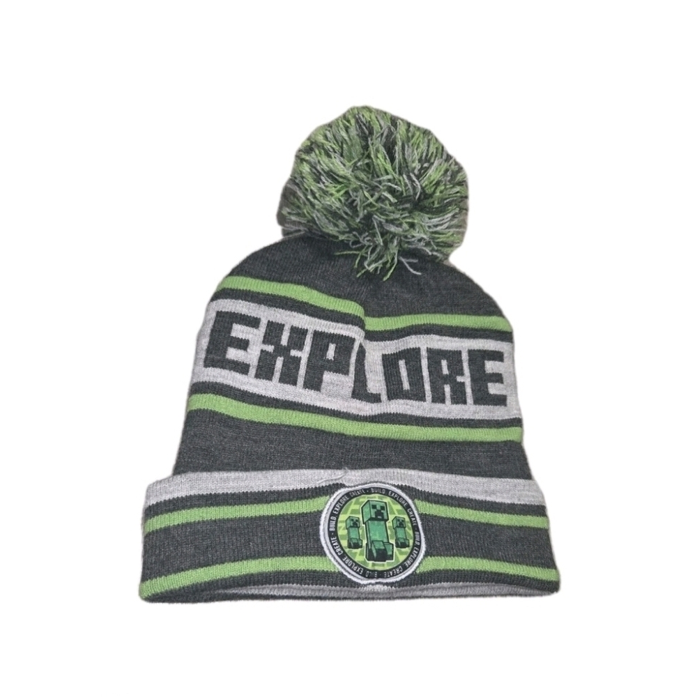 Minecraft Green and Gray Explore Beanie with Pom Kids